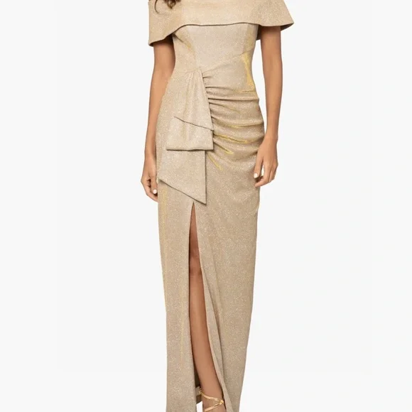 Xscape | Dresses | Nwt Xscape Off Shoulder Tessa Gold Dress With Slit | Poshmark Xscape | Dresses | Nwt Xscape Off Shoulder Tessa Gold Dress With Slit | Poshmark